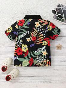 SHEIN 少年童裝熱帶印花網格舒適款polo衫,適合春夏假期穿搭風格 - 黑色 - 查看 2