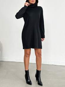 EURMUSE Women's Turtleneck Ribbed Dress - Black - View 3