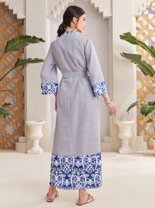 Seusyu Women's Floral Printed Vertical Striped Abaya Dress - Blue - View 2