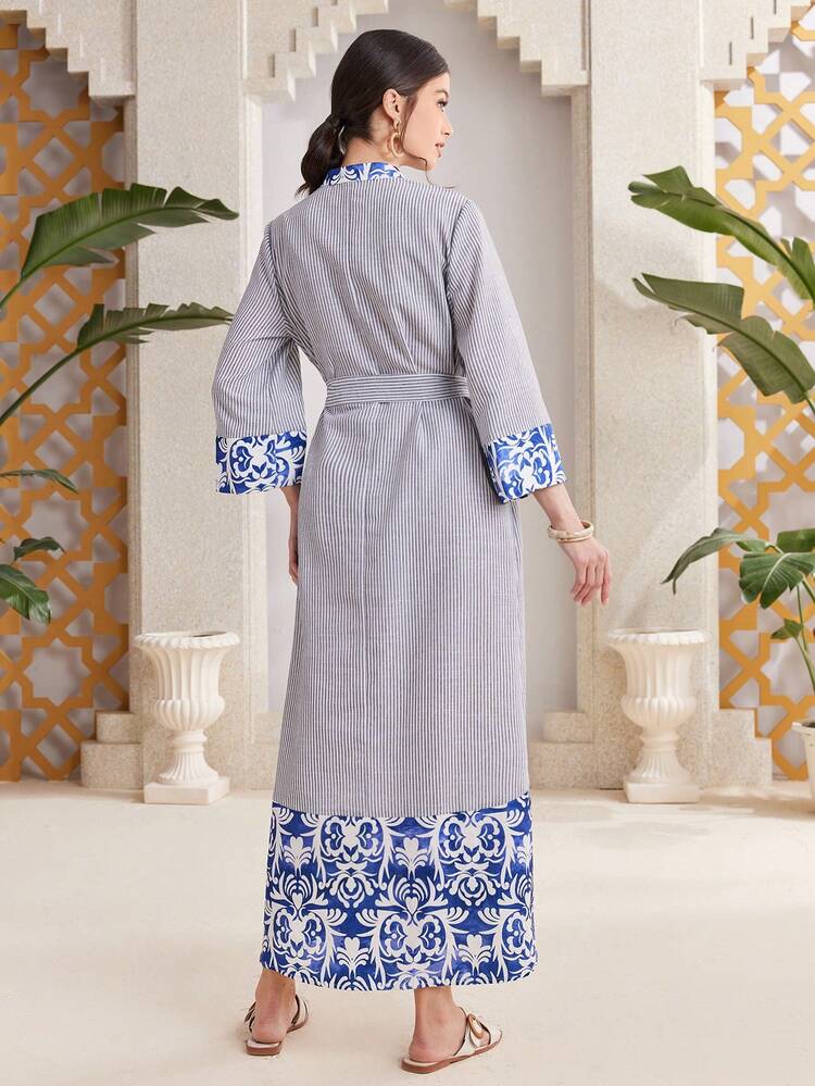 Women's Floral Printed Vertical Striped Abaya Dress