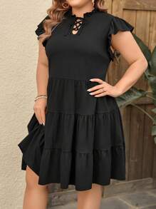 SHEIN LUNE Plus Size Women's Short Flutter Sleeve Tie-Neck Dress - Black - View 6