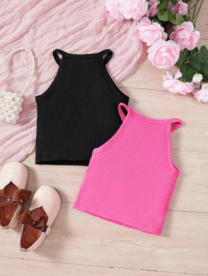 SHEIN 年輕女孩2入組時尚露背上衣,印有字母圖案