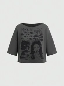 ROMWE Grunge Punk Nhân vật & In thư Áo thun - Xám - Xem 1