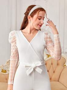 SHEIN 少女拼接透視網紗膨脹袖v領連身褲