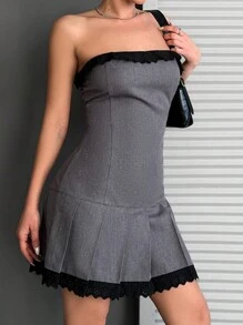 EURMUSE Women's Contrast Color Ruffle Hem Pleated Hem Fashionable Bandeau Mini Dress - Grey - View 4
