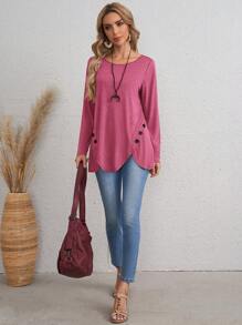 EMERY ROSE Women's Button Decor Scalloped Hem Long Sleeve Casual T-Shirt Fall Shirts Winter Tops Women Tops - Hot Pink - View 5