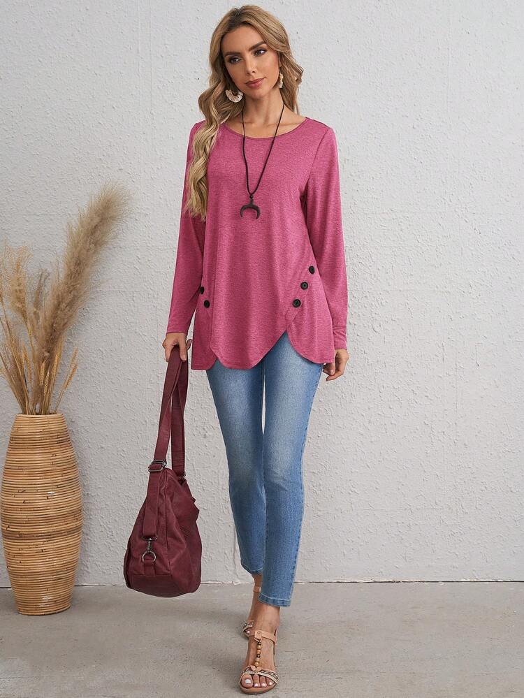 Women's Button Decor Scalloped Hem Long Sleeve Casual T-Shirt Fall Shirts Winter Tops Women Tops