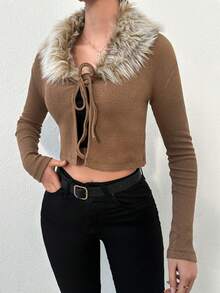 RueChic Patchwork Fur Collar Cropped Jacket - Camel - View 4