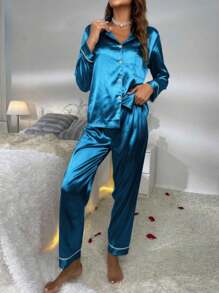 Contrast Binding Button Front Lapel Collar Satin PJ Set / Pajama Set - Navy Blue - View 5
