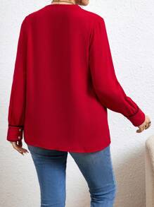 SHEIN LUNE Women's Plus Size V Neck Contrast Piping Shirt - Red - View 2