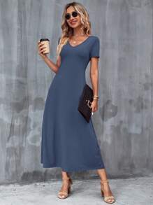 SHEIN Clasi 女式短袖v領連衣裙 - 霧霾藍 - 查看 5