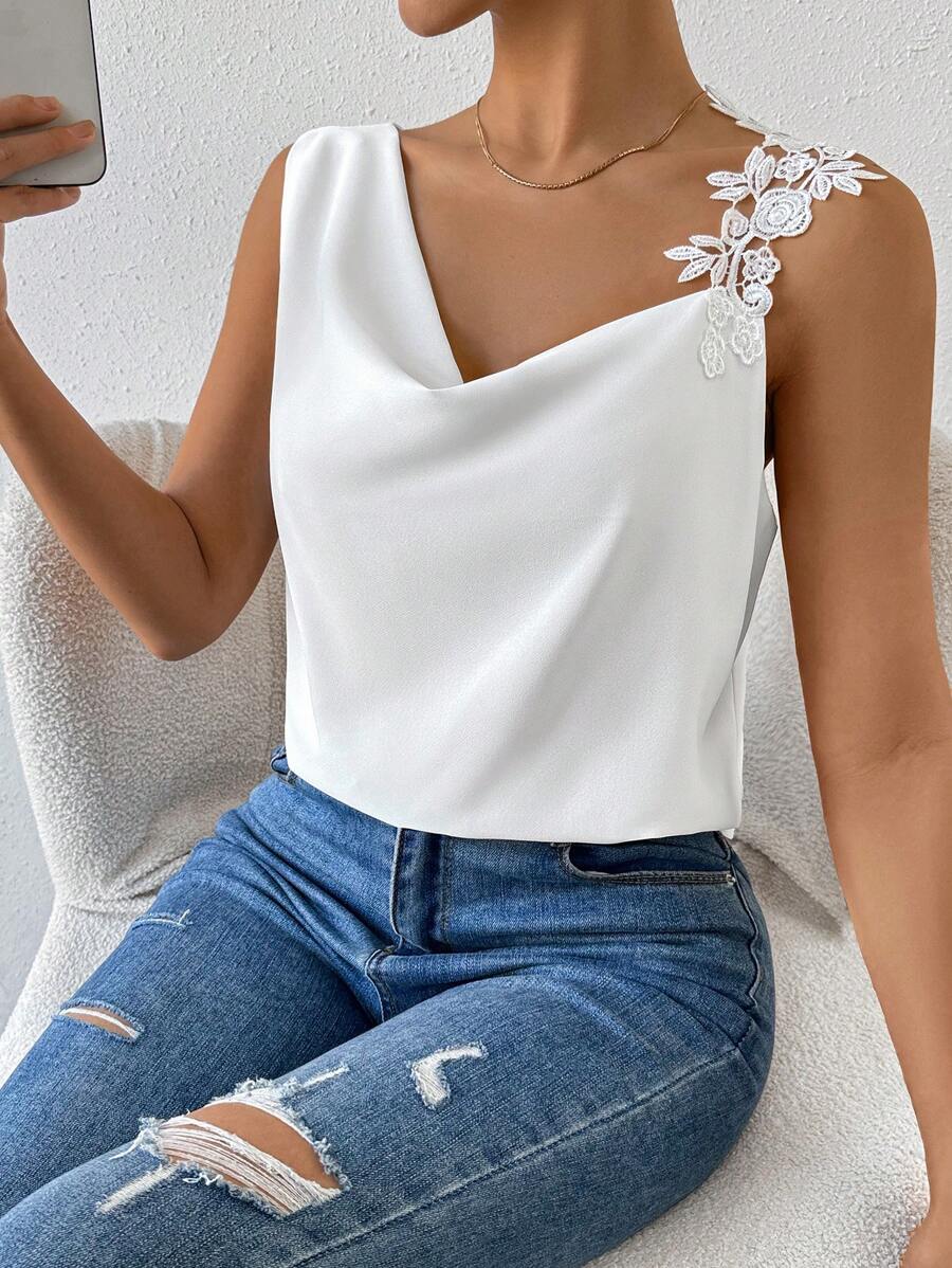 Pariaura Blusa sin mangas con cuello drapeado y top de un solo hombro para mujer - Blanco - Ver 1