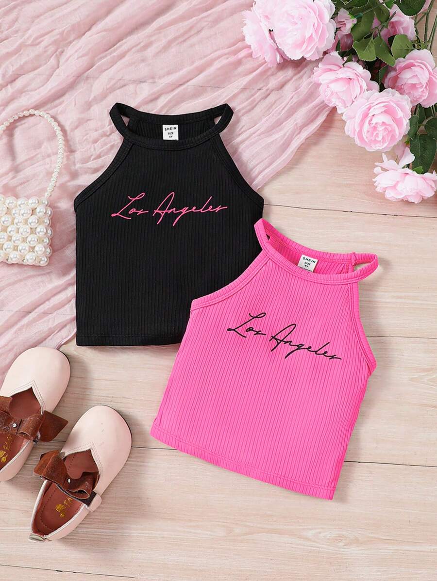 SHEIN Young Girl'S 2pcs/Set Fashionable Halter Neck Top With Letter Pattern