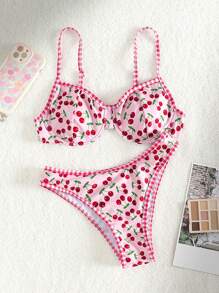 Swim Mod Conjunto de bikini con aros y estampado de cereza para la playa de verano. Ideal para regalar en San Valentín - Multicolor - Ver 2