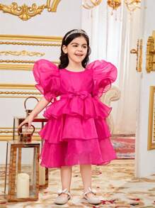 SHEIN Leap Crew Young Girls' Casual Ruffle Hem A-Line Dress - Hot Pink - View 2