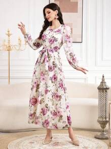 Modelyn Women's Belted Floral Print Puff Sleeve Dress
