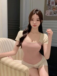 DAZY 女性短袖,色塊拼湊,修身針織上衣 - 橘色 - 查看 3