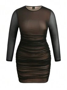 SHEIN Unity Vestido De Cuello Redondo Plisado De Moda De Talla Grande - Albaricoque - Ver 1