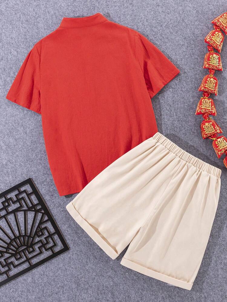 Tween Boys' Chinese Style Casual Short Sleeve Stand Collar Shirt And Shorts Set