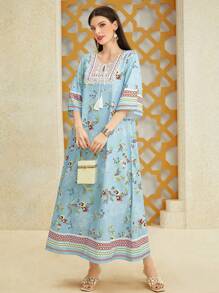 Al Najma 女式几何花卉印花流苏连衣裙，阿拉伯风格，端庄大方 - 藍色 - 查看 6