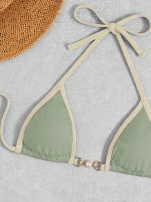 Swim Vcay Summer Beach Contrast Binding Halter Triangle Bikini Set - Army Green - View 4