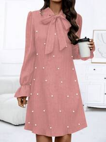 SHEIN LUNE Pearl Decor Tie Neckline Sheath Dress - Pink - View 6