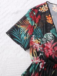 SHEIN Teen Girl Tropical Plant & Floral Print Bikini Set 3pcs/Set Summer Beach - Green - View 4