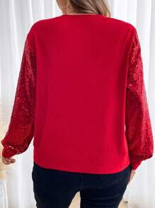 Calvaya Plus Contrast Sequin Sweatshirt Pullover Fall Sweatshirt - Red - View 2
