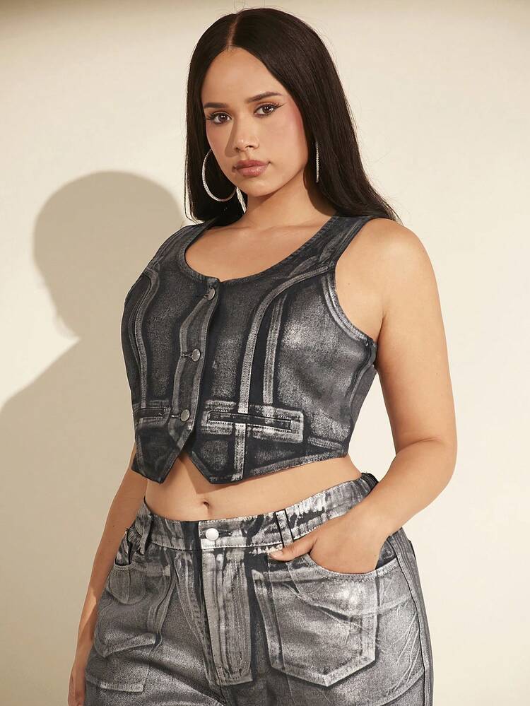 Metallic Women's Denim Vest&Corset Top