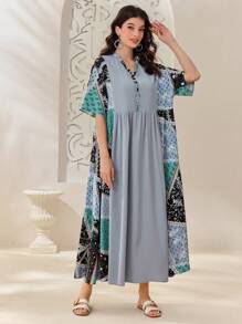 Seusyu 女款拼接印花阿拉伯娃娃圖案洋裝 - 藍色 - 查看 2