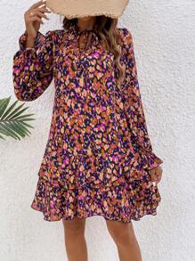 SHEIN Frenchy All-Over Print Notch Collar Ruffle Dress Winter Vacation Flower Beach - Multicolor - View 3