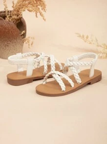 Sandálias Baixas Da Moda Elásticas Tecidas Para Meninas
