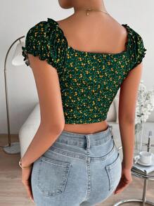 SHEIN Frenchy Của phụ nữ Ngắn tay Quần skinny Áo thun Với In hoa Và Tay áo phồng - màu xanh lá - Xem 2