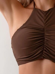 SHEIN Swim Bộ bikini hai dây cổ màu trơn dành cho nữ đi biển mùa hè Tiệc cưới - Cà phê nâu - Xem 3