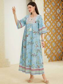 Al Najma 女式几何花卉印花流苏连衣裙，阿拉伯风格，端庄大方 - 藍色 - 查看 3