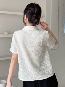 Dazy Designer Solid Color Textured Polo Collar T-Shirt,Business Casual Women