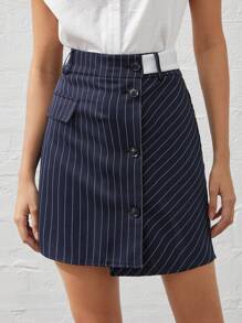 BizChic Của phụ nữ Sọc dọc Nút xuống Váy - Màu xanh hải quân - Xem 9