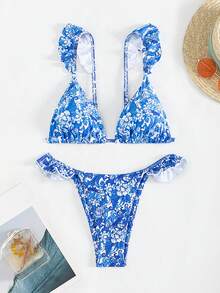 Women's Bikini Set With Random Printed Pattern, Flouncing And Edge-Locking Design For Sexy Beach Wear In Summer Carnival - Blue and White - View 5