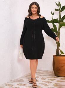 SHEIN Unity Vestido De Suéter De Talla Grande Con Hombros Descubiertos Y Encaje De Patchwork Para Mujeres - Negro - Ver 6