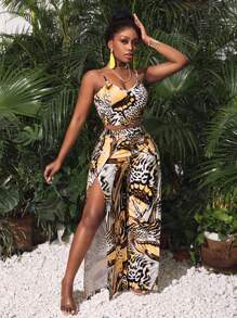 Slaydiva Music Festival Elegant And Sexy All-Over Tropical Butterfly Leopard Print And Halter Top And Loose Trousers Holiday Women's Two-Piece Set - Multicolor - View 3