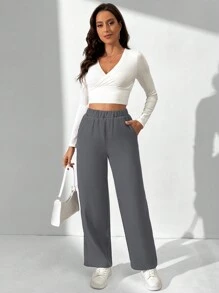 SHEIN Tall Women's Elastic Waist Pants - Grey - View 4