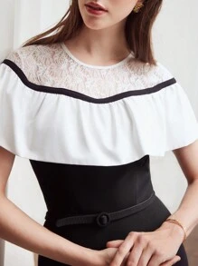 MOTF PREMIUM WOMEN'S WOVEN LACE COLORBLOCK SPLICE DRESS - Black and White - View 3