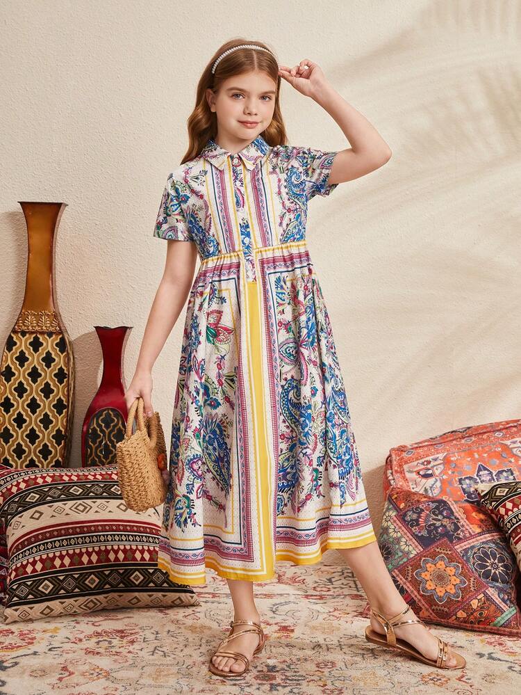 Tween Girls' Paisley Print Loose Fit Casual Short Sleeve Shirt Dress