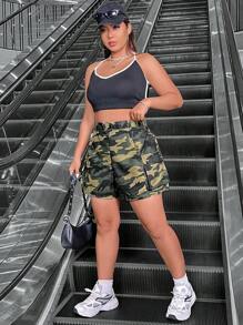 SHEIN Coolane Plus Size Camouflage Cargo Shorts - Army Green - View 5