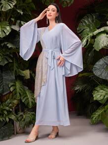 Al Najma Damen Lose Kleid mit bestickter Mesh-Kontrast Glockenärmel