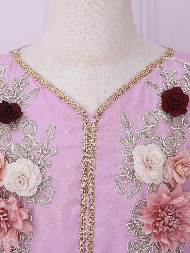 Tween Girl  Elegant Floral Embroidered V-Neck Long Dress, Suitable For Wedding, Birthday Party, Banquet