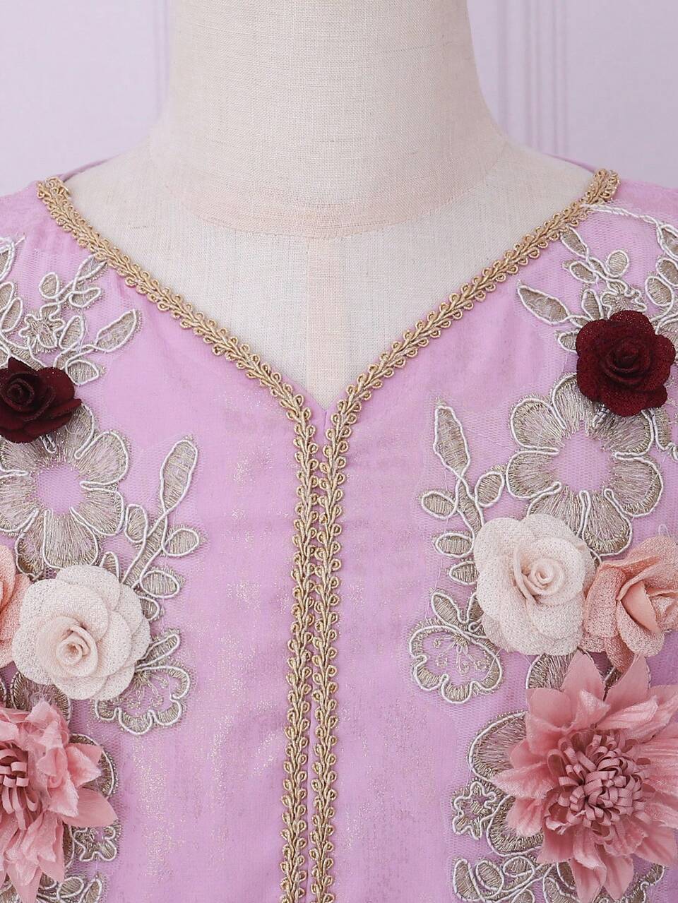Tween Girl  Elegant Floral Embroidered V-Neck Long Dress, Suitable For Wedding, Birthday Party, Banquet