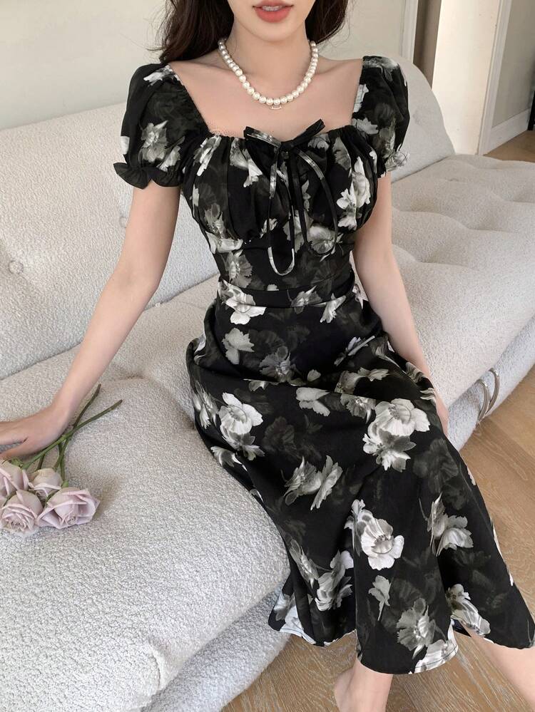 Women'S Floral Printed Front Tie-Up Dress,Milkmaid Dress Sundress Vacation Outfits Women Cruise Outfit For Women Easter Boho