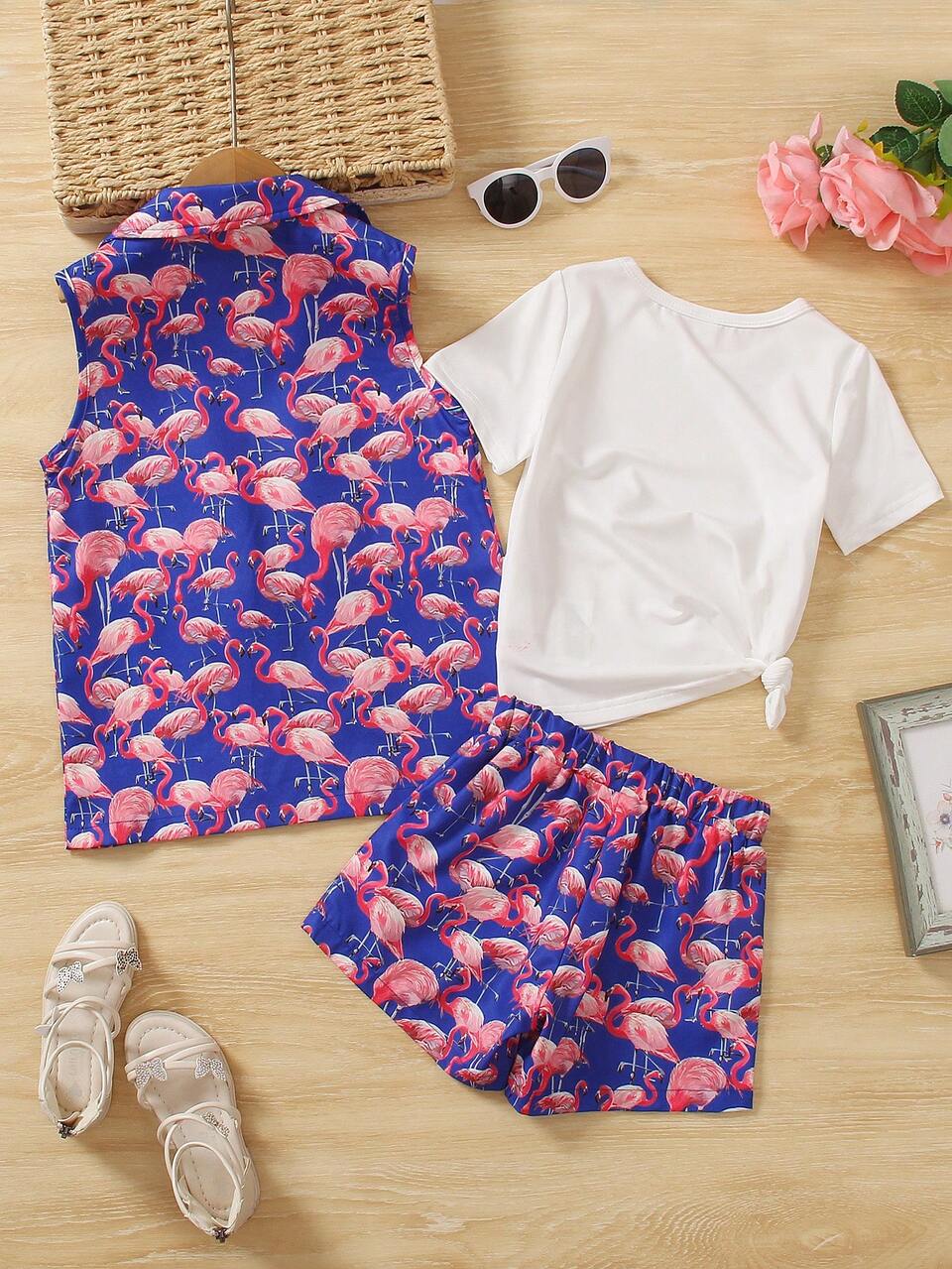 Young Girls' Monochromatic Short Sleeve T-Shirt And Flamingo Printed Sleeveless Jacket And Shorts Set