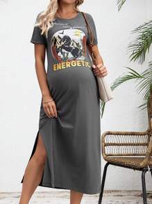 SHEIN Maternity Mountain Print Split Dress - Grey - View 1